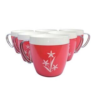 Set Of 6 VTG Coral Pink Coffee Mugs Thermo Serv Floral Chrome Handle Cups MCM